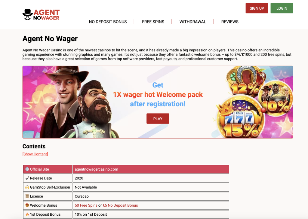 Image of Agent No Wager Casino Website