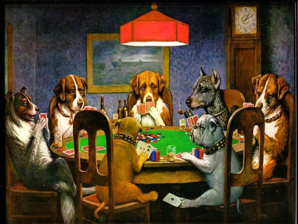 Image of different dogs playing poker